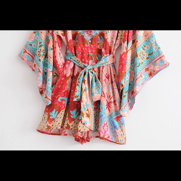 NEW Sexy Peacock Red Boho Lotus Kimono Romper - Picture 8 of 8
